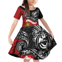 Maori King Movement Family Matching Off Shoulder Short Dress and Hawaiian Shirt Ko Te Mana Motuhake Emblem with Moko and Polynesian Art Tattoo LT03 Daughter's Dress Red - Polynesian Pride