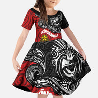 Maori King Movement Kid Short Sleeve Dress Ko Te Mana Motuhake Emblem with Moko and Polynesian Art Tattoo LT03 KID Red - Polynesian Pride