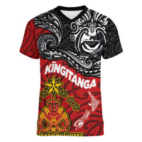The Kingitanga - Maori King Movement Women V-Neck T-Shirt Ko Te Mana Motuhake Emblem with Moko and Polynesian Art Tattoo