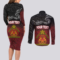 Personalised The Kingitanga - Maori King Movement Couples Matching Long Sleeve Bodycon Dress and Long Sleeve Button Shirt Ko Te Mana Motuhake Emblem with Silver Ferns and Polynesian Art Tattoo