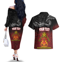 Personalised Maori King Movement Couples Matching Off The Shoulder Long Sleeve Dress and Hawaiian Shirt Ko Te Mana Motuhake Emblem with Silver Ferns and Polynesian Art Tattoo LT03 - Polynesian Pride