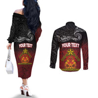Personalised The Kingitanga - Maori King Movement Couples Matching Off The Shoulder Long Sleeve Dress and Long Sleeve Button Shirt Ko Te Mana Motuhake Emblem with Silver Ferns and Polynesian Art Tattoo