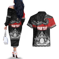 Personalised Maori King Movement Couples Matching Off The Shoulder Long Sleeve Dress and Hawaiian Shirt Te Paki-o-Matariki with Silver Ferns and Polynesian Art Tattoo LT03 - Polynesian Pride