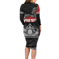Personalised Maori King Movement Long Sleeve Bodycon Dress Te Paki-o-Matariki with Silver Ferns and Polynesian Art Tattoo LT03 - Polynesian Pride