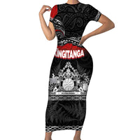 Personalised Maori King Movement Short Sleeve Bodycon Dress Te Paki-o-Matariki with Silver Ferns and Polynesian Art Tattoo LT03 Long Dress Red - Polynesian Pride