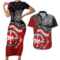 Maori Kotahitanga Couples Matching Short Sleeve Bodycon Dress and Hawaiian Shirt Aotearoa Spirit with Maori Mask and Polynesian Art Tattoo LT03 Red - Polynesian Pride