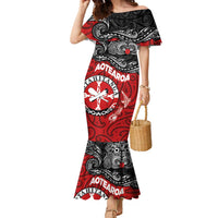 Maori Kotahitanga Family Matching Mermaid Dress and Hawaiian Shirt Aotearoa Spirit with Maori Mask and Polynesian Art Tattoo LT03 Mom's Dress Red - Polynesian Pride