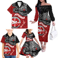 Maori Kotahitanga Family Matching Off The Shoulder Long Sleeve Dress and Hawaiian Shirt Aotearoa Spirit with Maori Mask and Polynesian Art Tattoo LT03 - Polynesian Pride