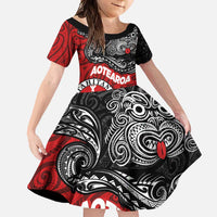 Maori Kotahitanga Family Matching Short Sleeve Bodycon Dress and Hawaiian Shirt Aotearoa Spirit with Maori Mask and Polynesian Art Tattoo LT03 Daughter's Dress Red - Polynesian Pride