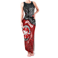 Maori Kotahitanga Family Matching Tank Maxi Dress and Hawaiian Shirt Aotearoa Spirit with Maori Mask and Polynesian Art Tattoo LT03 Mom's Dress Red - Polynesian Pride