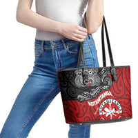 Maori Kotahitanga Leather Tote Bag Aotearoa Spirit with Maori Mask and Polynesian Art Tattoo