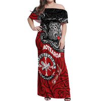Maori Kotahitanga Off Shoulder Maxi Dress Aotearoa Spirit with Maori Mask and Polynesian Art Tattoo LT03 Women Red - Polynesian Pride