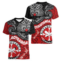 Maori Kotahitanga Women V-Neck T-Shirt Aotearoa Spirit with Maori Mask and Polynesian Art Tattoo