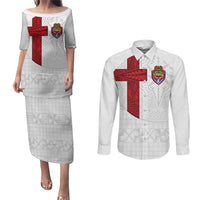 Custom Tonga Ngatu Art Rugby Mate Ma'a Couples Matching Puletasi and Long Sleeve Button Shirt - Polynesian Pride