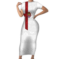 Custom Tonga Ngatu Art Rugby Mate Ma'a Family Matching Short Sleeve Bodycon Dress and Hawaiian Shirt LT03 Mom's Dress White - Polynesian Pride