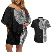 Samoan Tatau Couples Matching Off Shoulder Short Dress and Hawaiian Shirt Art Tribal Traditional Tattoos LT03 Black - Polynesian Pride