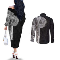 Samoan Tatau Couples Matching Off The Shoulder Long Sleeve Dress and Long Sleeve Button Shirt Art Tribal Traditional Tattoos LT03 - Polynesian Pride