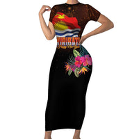 Kiribati Flag and Fireworks Family Matching Short Sleeve Bodycon Dress and Hawaiian Shirt First Place Welcome the New Year LT03 Mom's Dress Black - Polynesian Pride