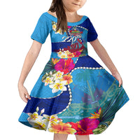 Personalised Haiti 220th Anniversary Independence Day Family Matching Tank Maxi Dress and Hawaiian Shirt Ayiti Flower with Polynesian Pattern LT03 Daughter's Dress Blue - Polynesian Pride