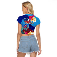 Personalised Haiti 220th Anniversary Independence Day Raglan Cropped T Shirt Ayiti Flower with Polynesian Pattern LT03 - Polynesian Pride