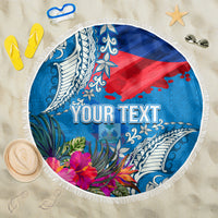 Personalised Haiti Coat Of Arms Beach Blanket Repiblik d Ayiti Tropical Flower Blue Polynesian Pattern LT03 One Size 150cm Blue - Polynesian Pride