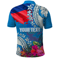 Personalised Haiti Coat Of Arms Polo Shirt Repiblik d Ayiti Tropical Flower Blue Polynesian Pattern LT03 - Polynesian Pride