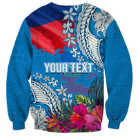 Personalised Haiti Coat Of Arms Sweatshirt Repiblik d Ayiti Tropical Flower Blue Polynesian Pattern LT03 - Polynesian Pride