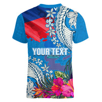 Personalised Haiti Coat Of Arms Women V Neck T Shirt Repiblik d Ayiti Tropical Flower Blue Polynesian Pattern LT03 - Polynesian Pride