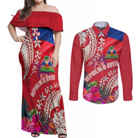 Personalised Haiti Coat Of Arms Couples Matching Off Shoulder Maxi Dress and Long Sleeve Button Shirt Repiblik d Ayiti Tropical Flower Red Polynesian Pattern LT03 Red - Polynesian Pride