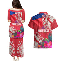 Personalised Haiti Coat Of Arms Couples Matching Puletasi Dress and Hawaiian Shirt Repiblik d Ayiti Tropical Flower Red Polynesian Pattern LT03 - Polynesian Pride