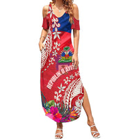 Personalised Haiti Coat Of Arms Family Matching Summer Maxi Dress and Hawaiian Shirt Repiblik d Ayiti Tropical Flower Red Polynesian Pattern LT03 Mom's Dress Red - Polynesian Pride