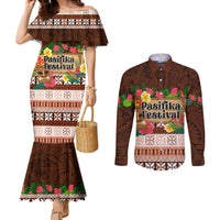 Pasifika Festival Auckland Couples Matching Mermaid Dress and Long Sleeve Button Shirt Polynesian Tribal with Pacific Pattern Brown Color LT03 Brown - Polynesian Pride