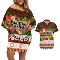 Pasifika Festival Auckland Couples Matching Off Shoulder Short Dress and Hawaiian Shirt Polynesian Tribal with Pacific Pattern Brown Color LT03 Brown - Polynesian Pride