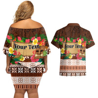 Pasifika Festival Auckland Couples Matching Off Shoulder Short Dress and Hawaiian Shirt Polynesian Tribal with Pacific Pattern Brown Color LT03 - Polynesian Pride