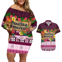 Pasifika Festival Auckland Couples Matching Off Shoulder Short Dress and Hawaiian Shirt Polynesian Tribal with Pacific Pattern Pink Color LT03 Pink - Polynesian Pride