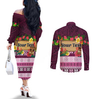 Pasifika Festival Auckland Couples Matching Off The Shoulder Long Sleeve Dress and Long Sleeve Button Shirt Polynesian Tribal with Pacific Pattern Pink Color LT03 - Polynesian Pride