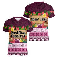Pasifika Festival Auckland Women V Neck T Shirt Polynesian Tribal with Pacific Pattern Pink Color LT03 - Polynesian Pride