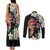 Hawaiian Lei Day Couples Matching Tank Maxi Dress and Long Sleeve Button Shirt Plumeria and Turtle with Polynesian Tribal Pattern