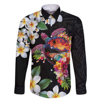 Hawaiian Lei Day Family Matching Off The Shoulder Long Sleeve Dress and Hawaiian Shirt Plumeria and Turtle with Polynesian Tribal Pattern LT03 Dad's Shirt - Long Sleeve Black - Polynesian Pride
