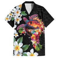 Hawaiian Lei Day Family Matching Off Shoulder Maxi Dress and Hawaiian Shirt Plumeria and Turtle with Polynesian Tribal Pattern LT03 Dad's Shirt - Short Sleeve Black - Polynesian Pride