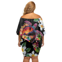 Hawaiian Lei Day Family Matching Off Shoulder Short Dress and Hawaiian Shirt Plumeria and Turtle with Polynesian Tribal Pattern LT03 - Polynesian Pride