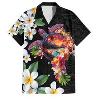 Hawaiian Lei Day Family Matching Short Sleeve Bodycon Dress and Hawaiian Shirt Plumeria and Turtle with Polynesian Tribal Pattern LT03 Dad's Shirt - Short Sleeve Black - Polynesian Pride