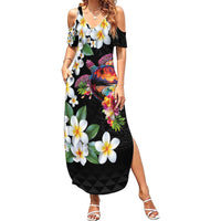 Hawaiian Lei Day Family Matching Summer Maxi Dress and Hawaiian Shirt Plumeria and Turtle with Polynesian Tribal Pattern LT03 Mom's Dress Black - Polynesian Pride