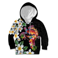 Hawaiian Lei Day Kid Hoodie Plumeria and Turtle with Polynesian Tribal Pattern LT03 Hoodie Black - Polynesian Pride