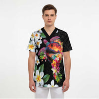Hawaiian Lei Day Scrub Top Plumeria and Turtle with Polynesian Tribal Pattern - Polynesian Pride