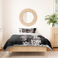 Hawaiian Lei Day Bedding Set Plumeria and Turtle with Polynesian Tribal Pattern Grayscale Color