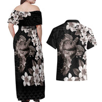 Hawaiian Lei Day Couples Matching Off Shoulder Maxi Dress and Hawaiian Shirt Plumeria and Turtle with Polynesian Tribal Pattern Grayscale Color LT03 - Polynesian Pride