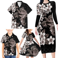 Hawaiian Lei Day Family Matching Long Sleeve Bodycon Dress and Hawaiian Shirt Plumeria and Turtle with Polynesian Tribal Pattern Grayscale Color LT03 - Polynesian Pride