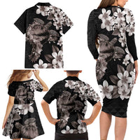 Hawaiian Lei Day Family Matching Long Sleeve Bodycon Dress and Hawaiian Shirt Plumeria and Turtle with Polynesian Tribal Pattern Grayscale Color LT03 - Polynesian Pride