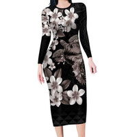 Hawaiian Lei Day Family Matching Long Sleeve Bodycon Dress and Hawaiian Shirt Plumeria and Turtle with Polynesian Tribal Pattern Grayscale Color LT03 Mom's Dress Black - Polynesian Pride